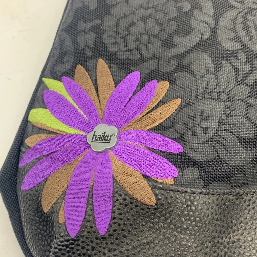Haiku Black Purple Flower Large Satchel Shoulder Bag. MCB3605